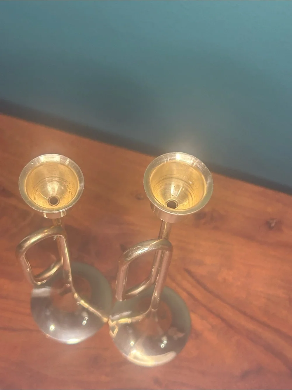 Set of 2 Metallic Brass Trumpet Candle Holders
